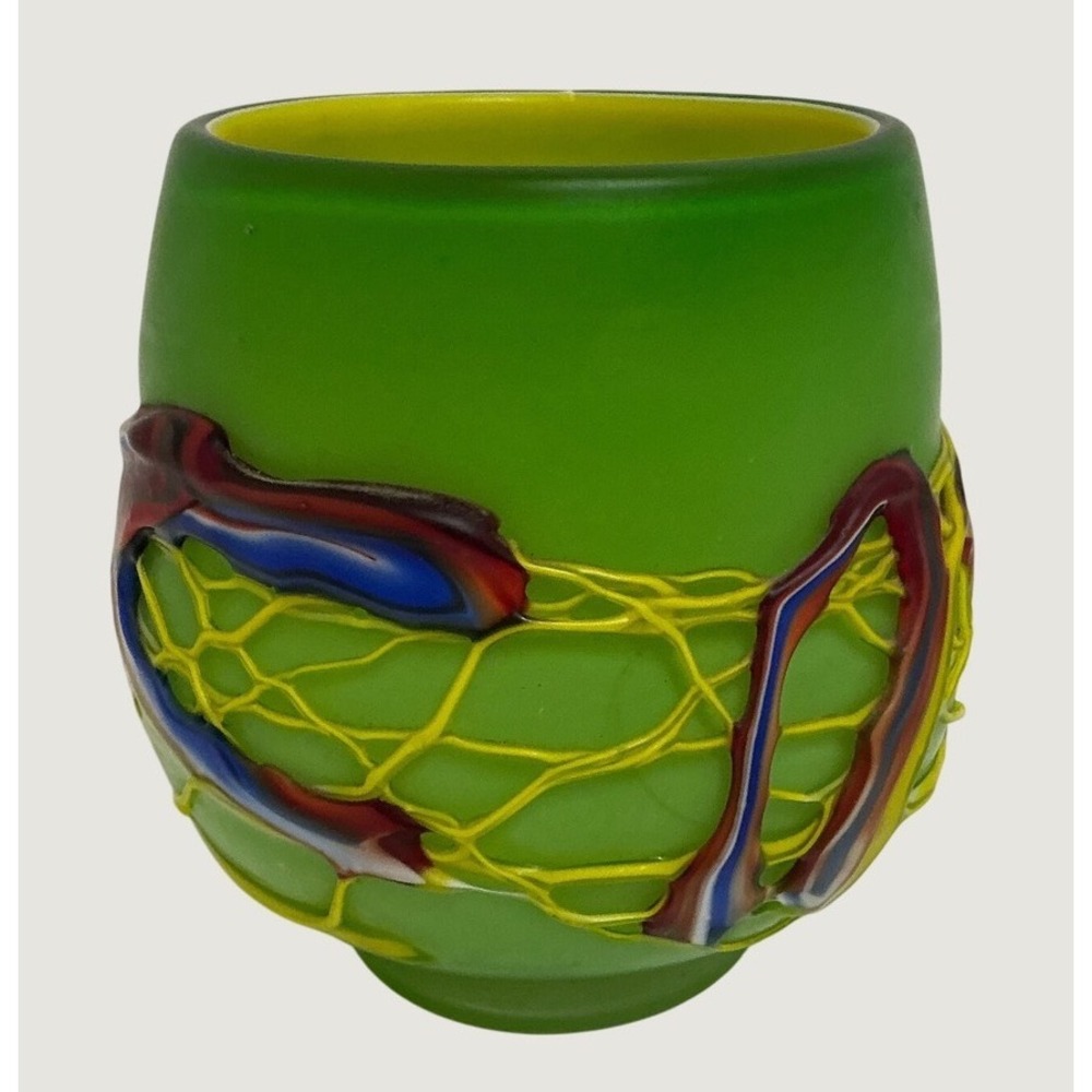 Vintage Frosted Green Art Glass Vase Yellow Lattice Ribbon Overlay Decor